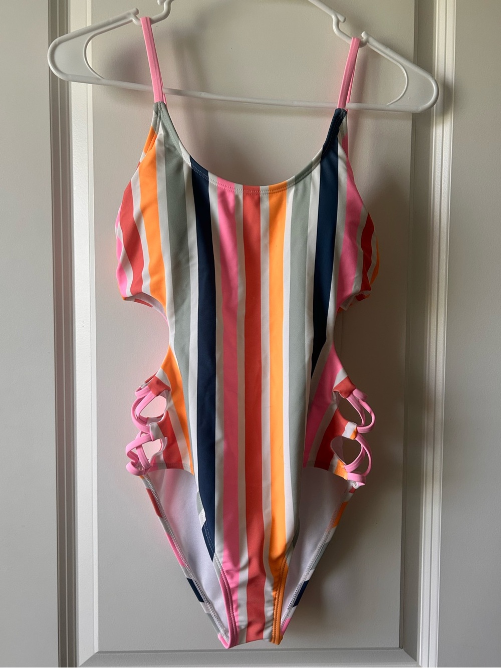 Multi-Color Stripe One-Piece Swimsuit - Pink, Orange & Navy